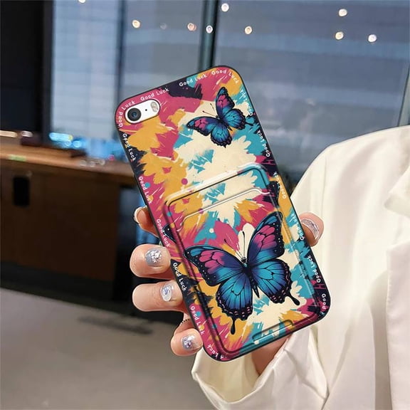 LYM-Phone Case For iphone 5/5S/SE/ip5/ip5S/ipSE, protective TPU Fashion Design Back Cover Card bag Card slot Anti-knock Graffiti Shockproof Full wrap Cover Waterproof Cute Anti-dust
