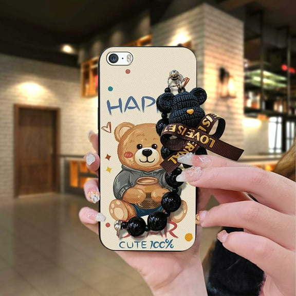 LYM-Phone Case For iphone 5/5S/SE, silicone Bear bracelet cute Dirt-resistant soft case Black pearl pendant protective case Cartoon Simplicity Back Cover Anti-knock Skin-friendly feel