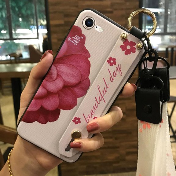 LYM-Phone Case For iphone 7/8/iphone SE 2020/SE2, Back Cover Ring Kickstand Dirt-resistant Durable Protective Wrist Strap Phone Holder Waterproof Flower Anti-dust Lanyard Fashion Design