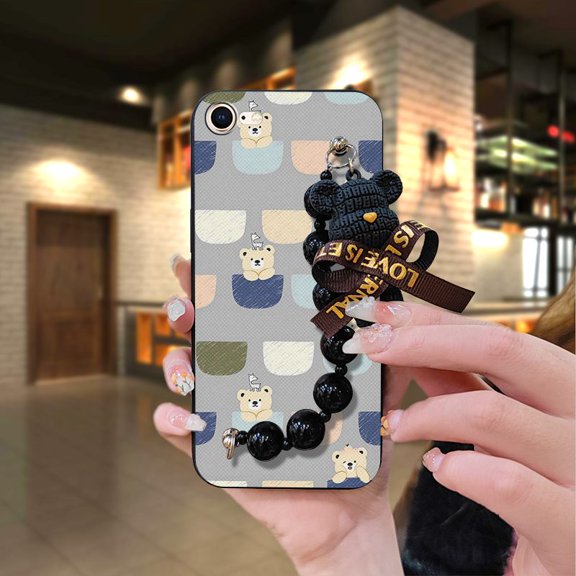 LYM-Phone Case For iphone 7/8/iphone SE 2020/SE2, Bear bracelet Cartoon protective case Back Cover Black pearl pendant soft case cute Skin-friendly feel Dirt-resistant Anti-knock