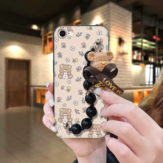 LYM-Phone Case For iphone 7/8/iphone SE 2020/SE2, Cartoon Anti-knock Back Cover soft case Skin-friendly feel Bear bracelet Dirt-resistant Simplicity Black pearl pendant Waterproof cute