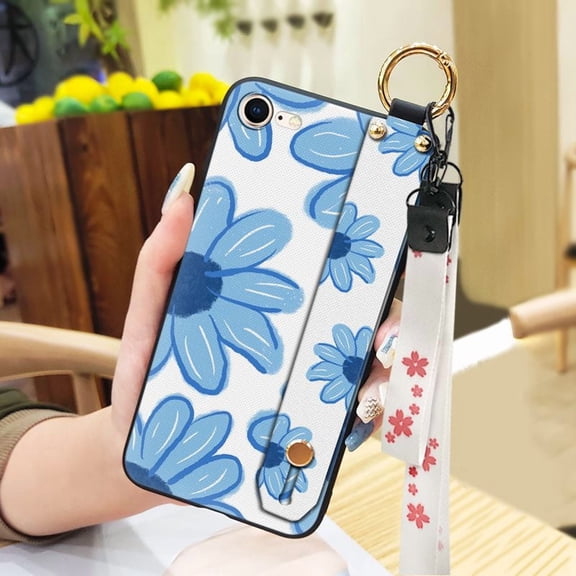 LYM-Phone Case For iphone 7/8/iphone SE 2020/SE2, Phone Holder Fashion Design Back Cover Durable Dirt-resistant Ring Soft case Wristband Anti-knock Protective Flower Oil Painting Lanyard