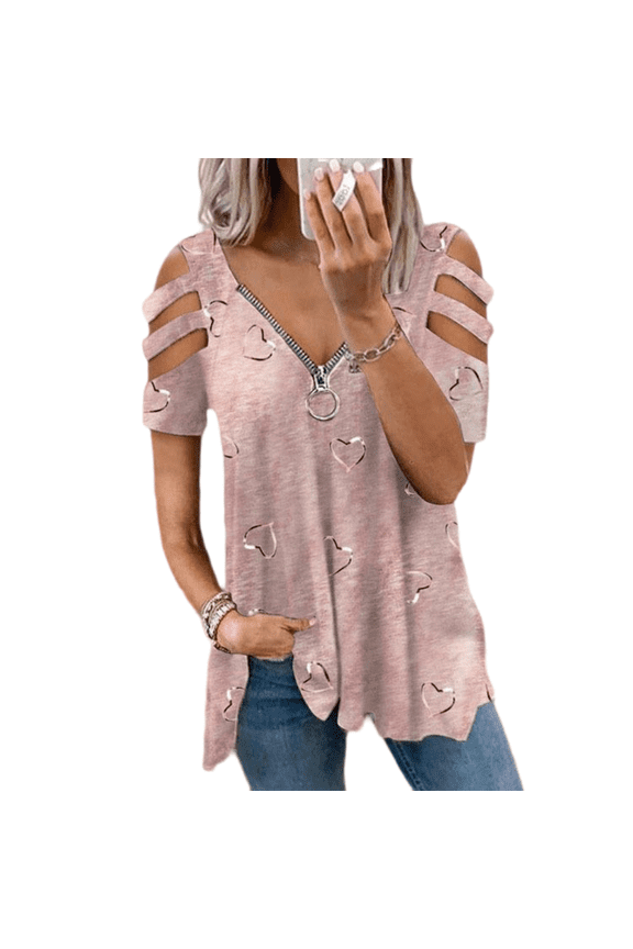 LYMAYTE Women's Zip-Front V-Neck Top Heart Print Cut-Out Short Sleeve Casual Summer S-5XL