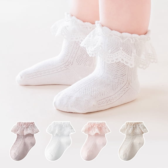 LYMAYTER 0-12Y 4 Pack Kids Socks Girls Ruffle Eyelet Princess Socks Solid Color Breathable Dance Socks