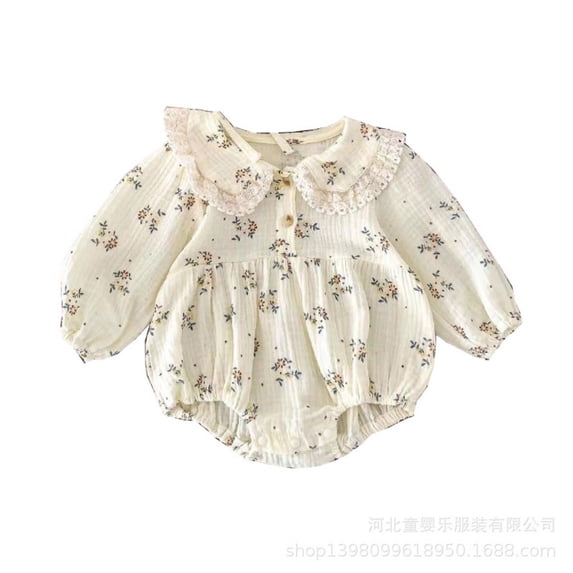 LYMAYTER 0-18M Baby Girls Cotton Romper Infant Bubble Long Sleeve Toddler Cute Floral Ruffled Jumpsuit
