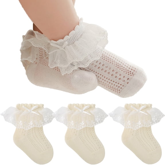 LYMAYTER 0-8Y 3 Pack Kids Girls Socks Toddler Ruffle Bow Socks Eyelet Solid Color Princess Dress Socks