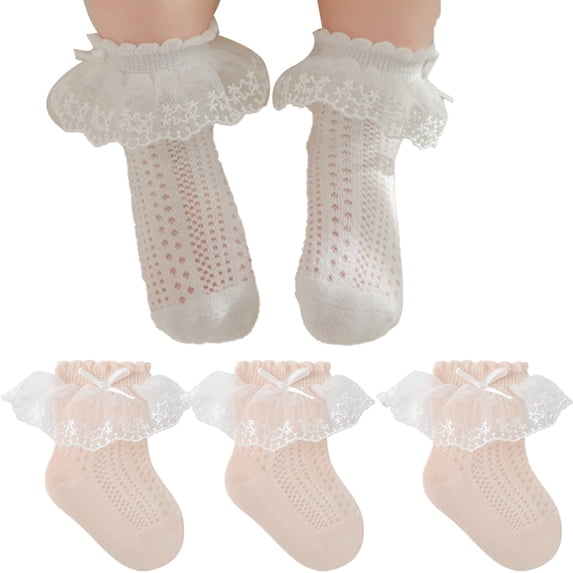LYMAYTER 0-8Y 3 Pack Kids Girls Socks Toddler Solid Color Ruffle Socks Summer Mesh Bow Princess Socks