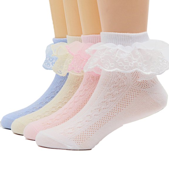 LYMAYTER 1-12Y 4 Pack Kids Girls Socks Toddler Ruffle Mesh Ankle Socks Soft Cute Dress Princess Socks