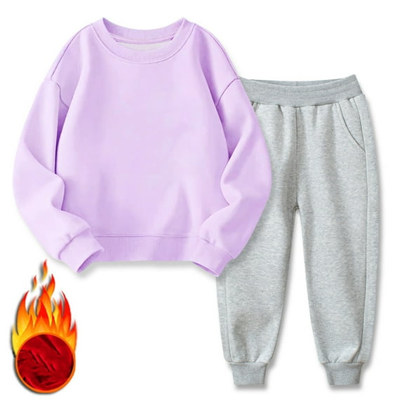 LYMAYTER 1-12Y Kids Toddler Girls Sweatshirt Set Kids Baby Plus Fleece Sweatsuit Outfit Baby Solid Color Sweatshirt Two-Piece Suit