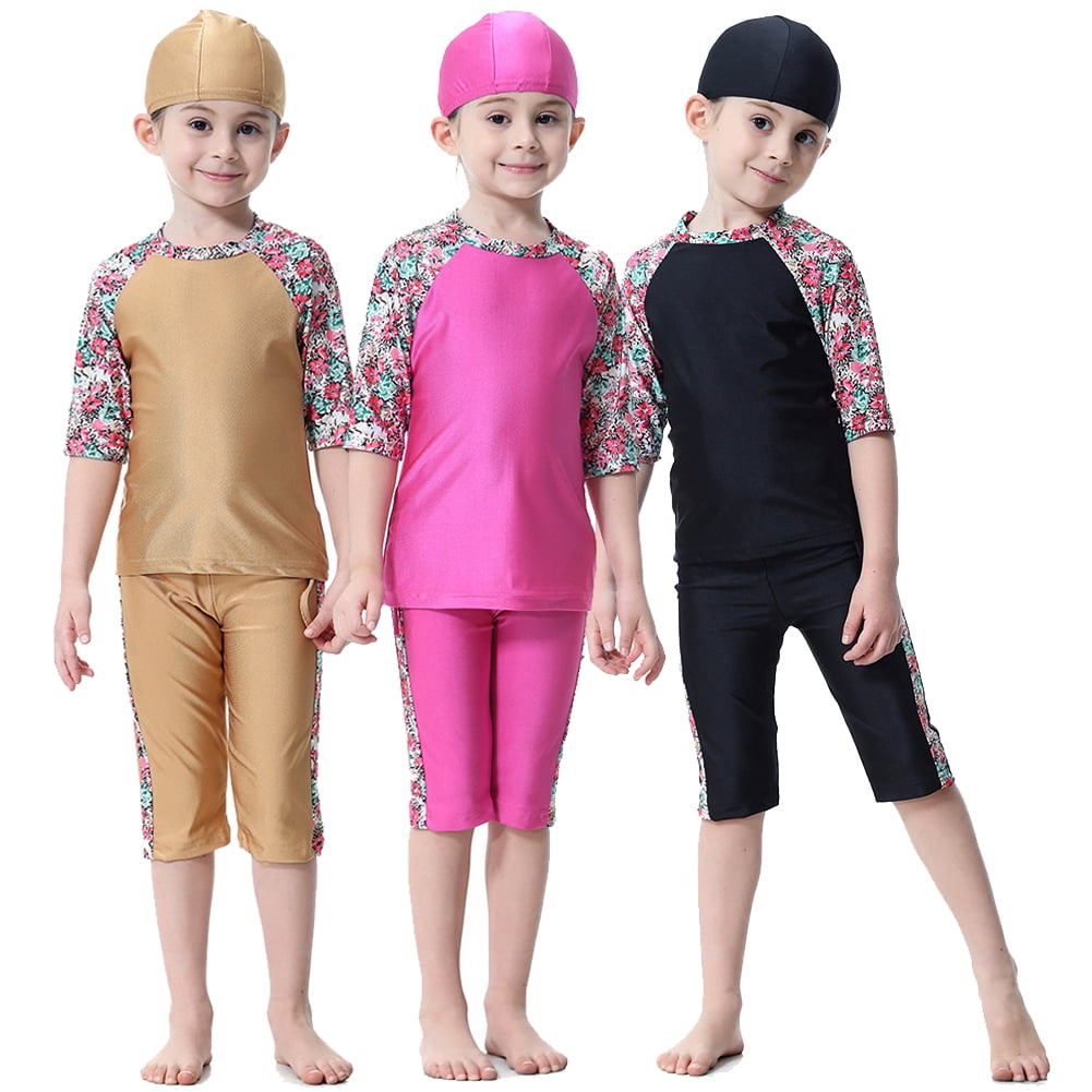 LYMAYTER 114T Girls Long Sleeve Rash Guard Swimsuits with Hat Three