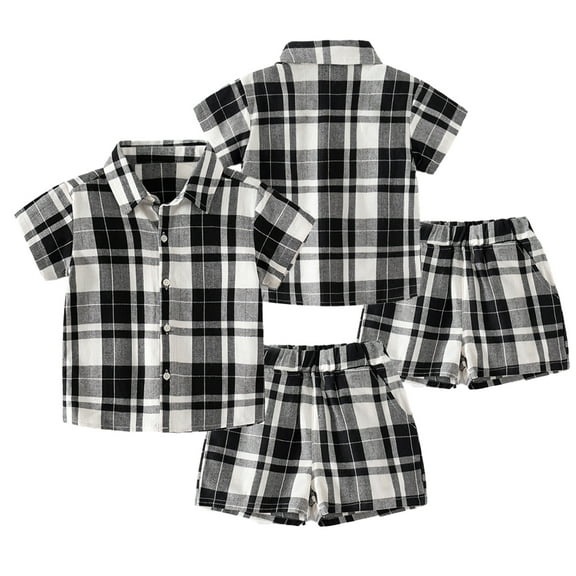 LYMAYTER 1-6 Years Boys Summer Shirt Clothes 2 PCS Outfit for Kids Toddler Short Sleeve Buttons Plaid Shirt Tops with Cotton Shorts Set