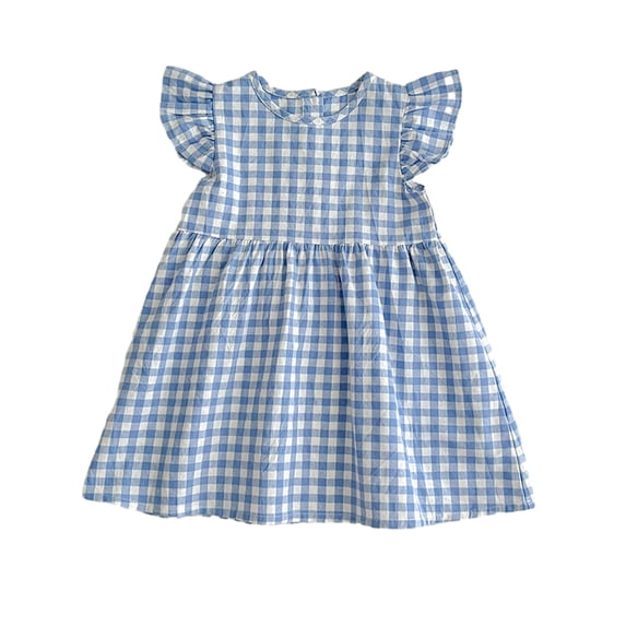 LYMAYTER 1-6Y Toddler Casual Cotton Dress for Girls Flutter Sleeve Plaid Onesies Skirt Baby A-Line Tutu Cotton Skirt