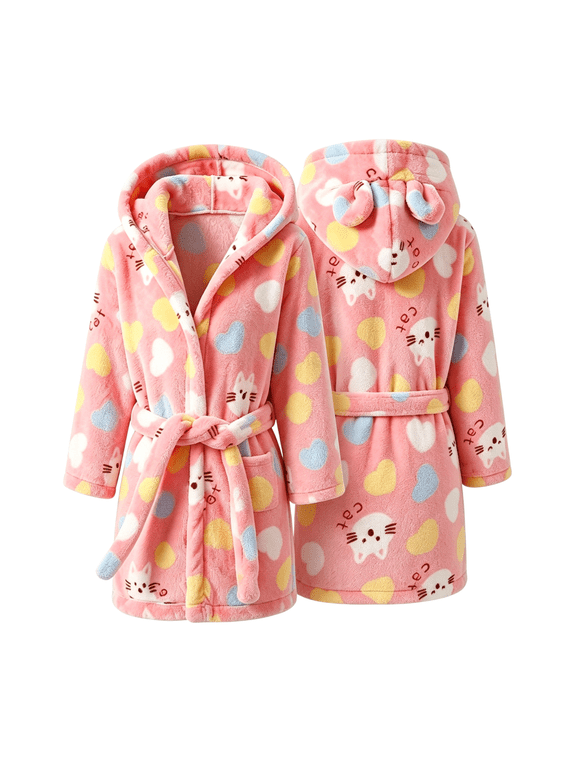 1-7Y Toddler Hoodie Robe for Kids Girls Fleece Warm Bathrobe Soft Cozy Mid Length Bathrobe Pajamas