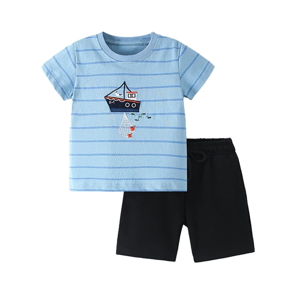 LYMAYTER 1-8 Years Boys Summer T-Shirts Outfits Kids Baby Cotton Cartoon Stripe Tees Set for Toddler Short Sleeve Pullover Shirt 2psc
