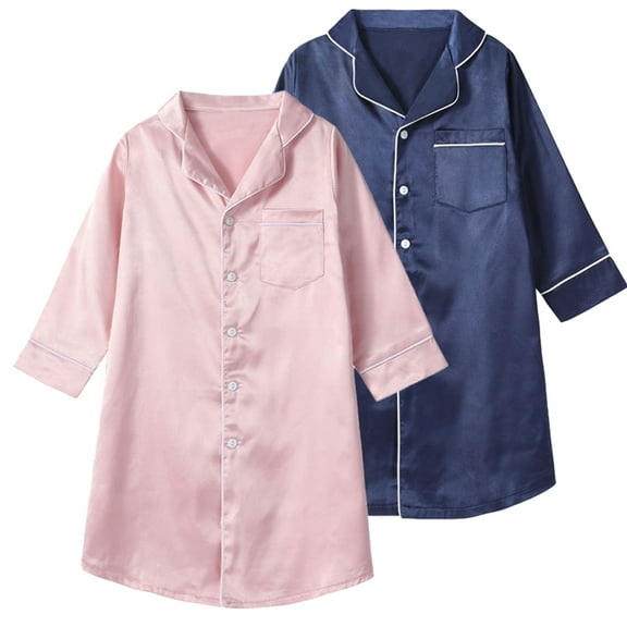 LYMAYTER 2-12 Years Girls Satin Silk Nightgown Button down Sleepwear Kids Short Sleeve Pajamas for Toddler V-Neck Dress Cardigan Robe