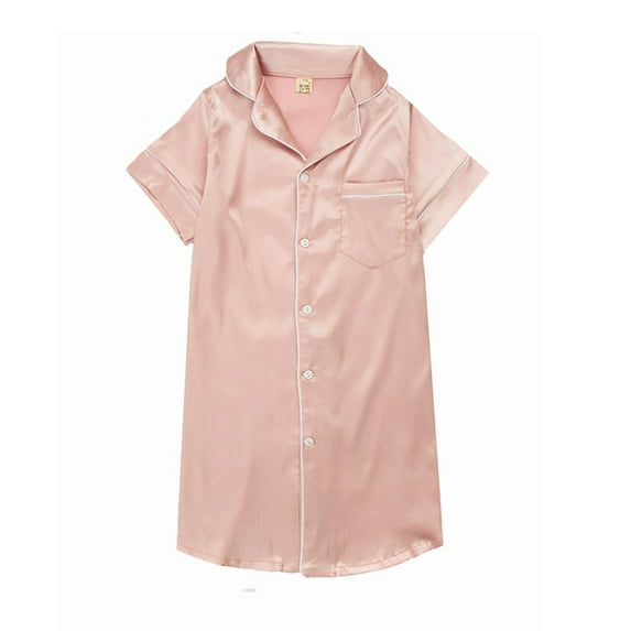 LYMAYTER 2-12 Years Girls Satin Silk Nightgown Button down Sleepwear Kids Short Sleeve Pajamas for Toddler V-Neck Dress Cardigan Robe