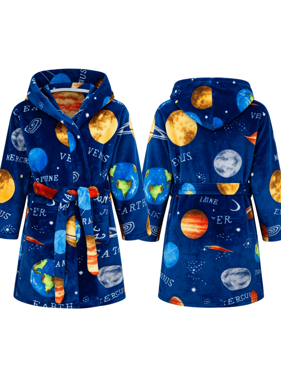 2-12Y Kids Boys Robe Soft Flannel Cozy Hooded Bathrobe Star Sky Printed Casual Home Wear Robe for Toddler