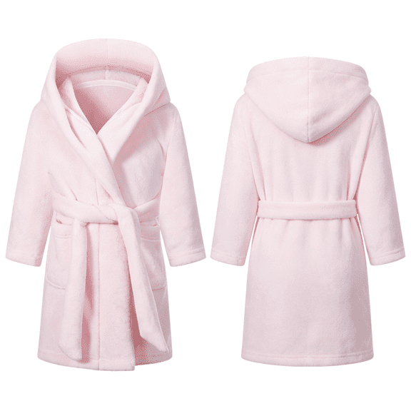 LYMAYTER 2-12Y Kids Girls Flannel Hooded Bathrobe Toddler Simple Solid Color Fuzzy Robe Soft Warm Home Loungewear