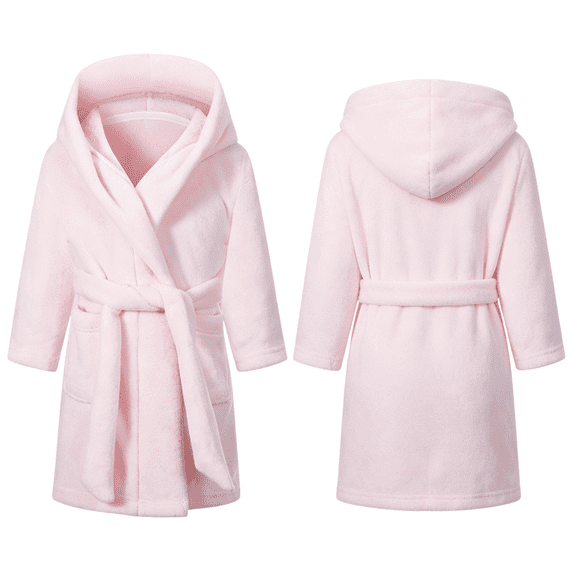 LYMAYTER 2-12Y Kids Girls Flannel Hooded Bathrobe Toddler Simple Solid Color Fuzzy Robe Soft Warm Home Loungewear