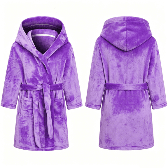 LYMAYTER 2-12Y Toddler Boys Girls Flannel Bathrobe Solid Color Kimono Robe Soft Cozy Hooded Bathrobe With Belt and Pocket