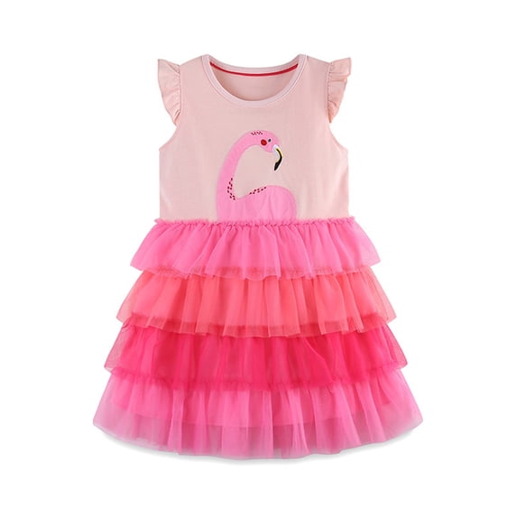LYMAYTER 2-7 Y Girls Kids Sweet Princess Dresses Baby Summer Tulle Short Sleeved Tutu Toddler Printed Sundress