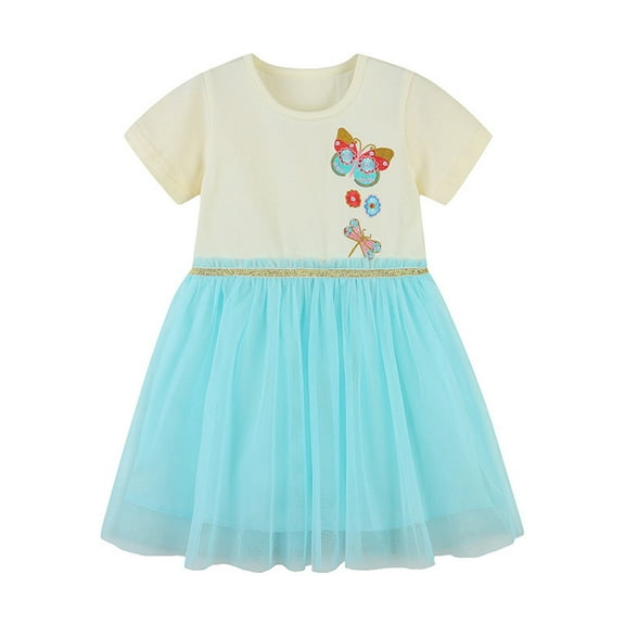 LYMAYTER 2-7 Y Girls Kids Sweet Princess Dresses Baby Summer Tulle Short Sleeved Tutu Toddler Printed Sundress