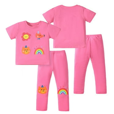 LYMAYTER 2-8 Years Girls Prints Outfit for Kids Baby Short Sleeve Tees+long Trousers 2PCS Toddler Summer Cotton Crewneck Set