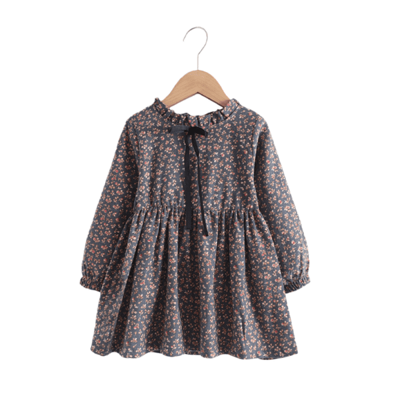 LYMAYTER 2-8Y Girls Cute Floral Long Sleeve Cotton Midi Dress Pleated Lace Up Round Neck Spring Fall
