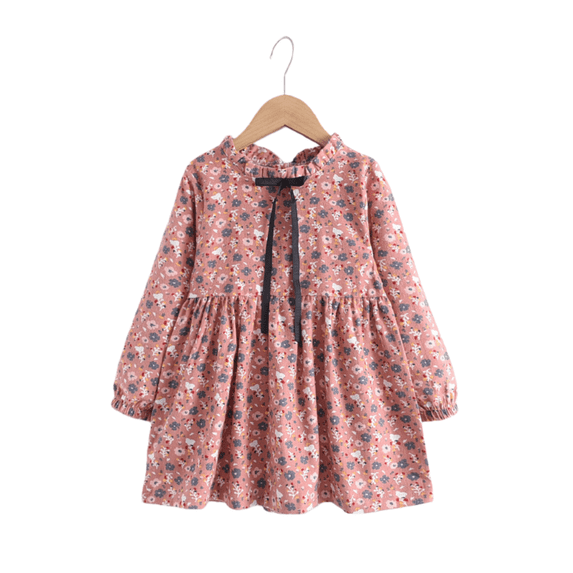 LYMAYTER 2-8Y Girls Cute Floral Long Sleeve Cotton Midi Dress Pleated Lace Up Round Neck Spring Fall