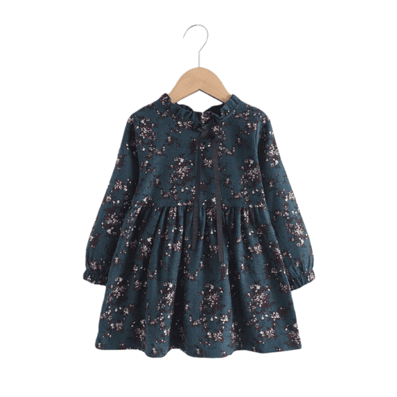 LYMAYTER 2-8Y Girls Cute Floral Long Sleeve Cotton Midi Dress Pleated Lace Up Round Neck Spring Fall