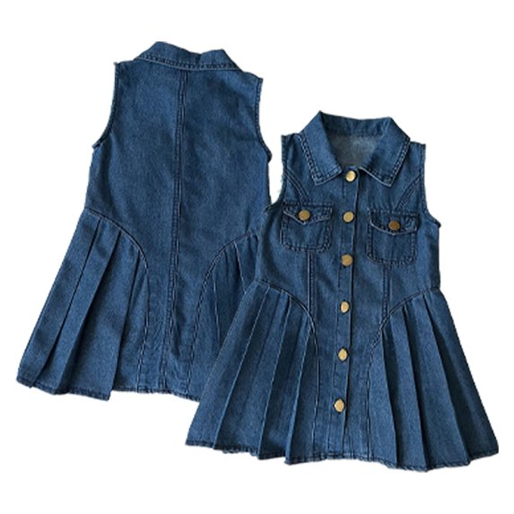 LYMAYTER 2-8Y Toddler Little Girls Denim Dress Sleeveless Waist Button Flowy Swing - Pockets A-Line Wear