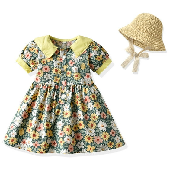 LYMAYTER 2 PCS Kids Toddler Girls Sweet Dresses( With Sun Hat ) Newborn Vintage Floral Bubble Sleeve Princess Dress Sundress for 3 M - 4 T