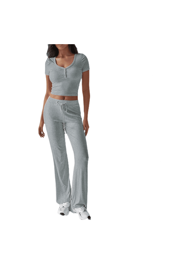 2 Piece Sets for Womens V Neck Short Sleeve Top and Fold Over Yoga Flare Pants Pajamas S-XL