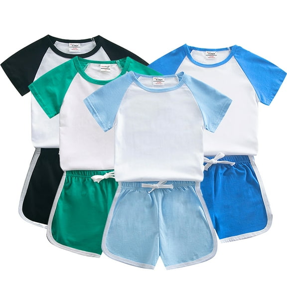 LYMAYTER 2PCS Boys Girls Sweat T-Shirt Outfit for Kids Toddler Summer Soft Cotton Short Sleeve Tees Set for 3-9 Years