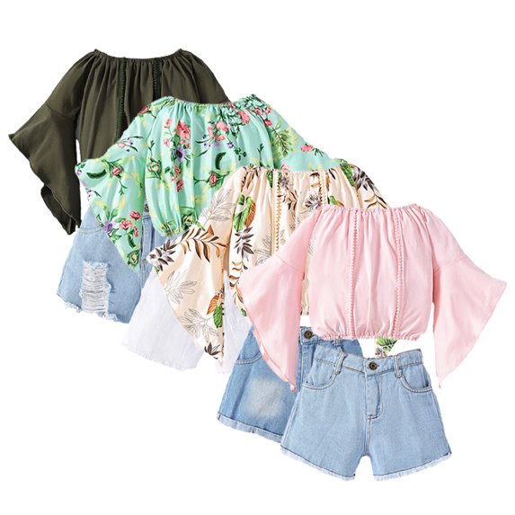 LYMAYTER 2PCS Kids Girls T-Shirt Set Toddler Short Sleeve Tees Solid Color Top+jeans Shorts Outfit 1-6Y Baby Casual Versatile T-Shirt Outfit