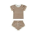 thumbnail image 1 of LYMAYTER 2Pcs Boys Girls Tees Set for Toddler Baby Summer Cotton Pullover T-Shirt Outfit Newborn Solid Colours Tops and Elastic Shorts Tees Outfit Infant Stripe Cosy Casual Versatile T-Shirt for 3-24M, 1 of 8