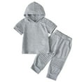 thumbnail image 1 of LYMAYTER 2Pcs Boys Sweatsuit Tees Outfit for Kids Short Sleeve Hoodie Tops and Sweat Pants Baby Stylish Set Casual Solid Colours T-Shirt Set 1-6 Years, 1 of 8