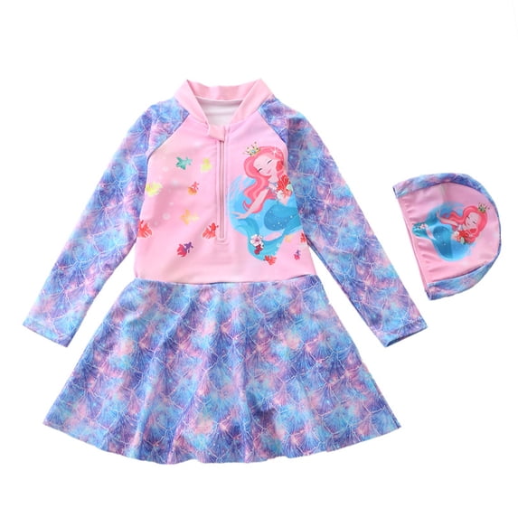 LYMAYTER 3-10Y Kids Toddler Girls One Piece Swimsuit Long Sleeve Dress Beachwear UPF 50+ Sun Protection Bathing Suit Rash Guard Swimwear with Hat