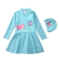 thumbnail image 1 of LYMAYTER 3-10Y Kids Toddler Girls One Piece Swimsuit Long Sleeve Dress Beachwear UPF 50+ Sun Protection Bathing Suit Rash Guard Swimwear with Hat, 1 of 9