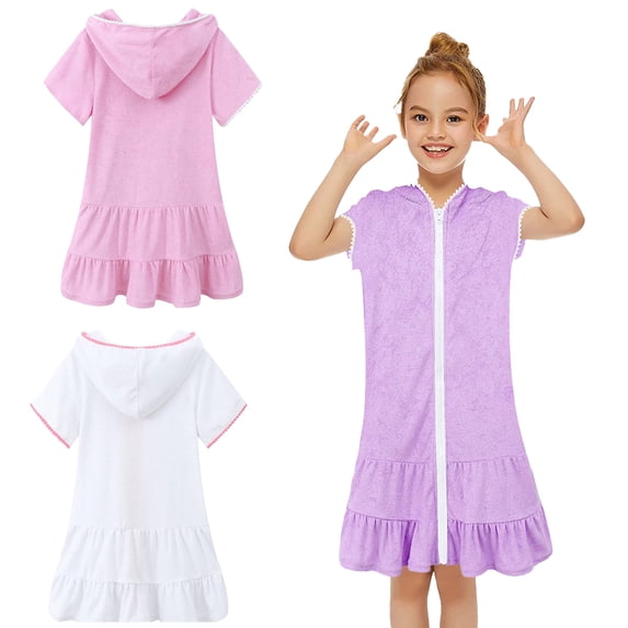 LYMAYTER 3-10Y Toddler Kids Girls Cover up Dress Ruffled Zipper Hooded Swim Beach Dress Summer One Piece Bathing Suit