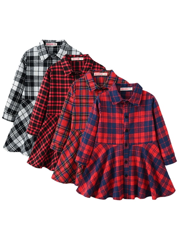 Kids Girls Plaid Long Sleeve Dresses Spring Casual Cozy Dresses for Toddler 3-11 Years Old