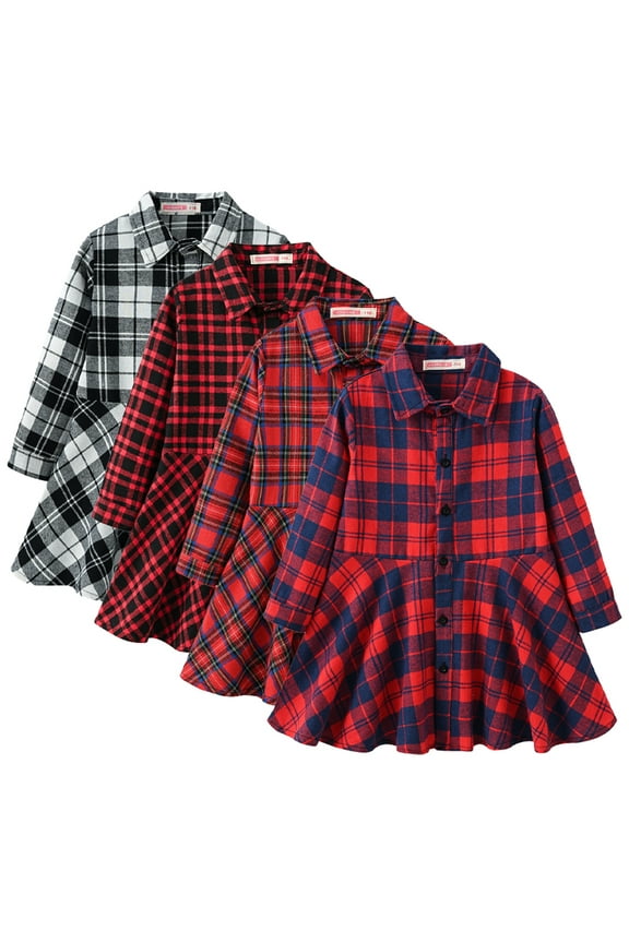 3-11T Toddler Kids Girls Plaid Dress Spring Fall Long Sleeve Button down Shirts Dresses Lapel Plaid Flannel Shirt Dress