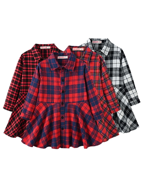 Kids Girls Plaid Long Sleeve Dresses Spring Casual Cozy Dresses for Toddler 3-11 Years Old