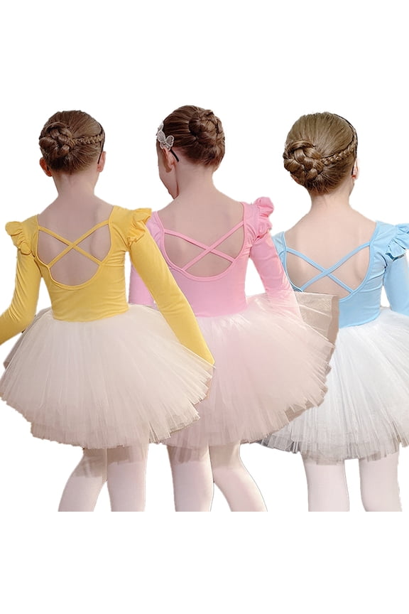 3-11Y Girls Ballet Leotard Long Sleeve Dance 2PC Set Fashion Solid Color Tutu Skirt
