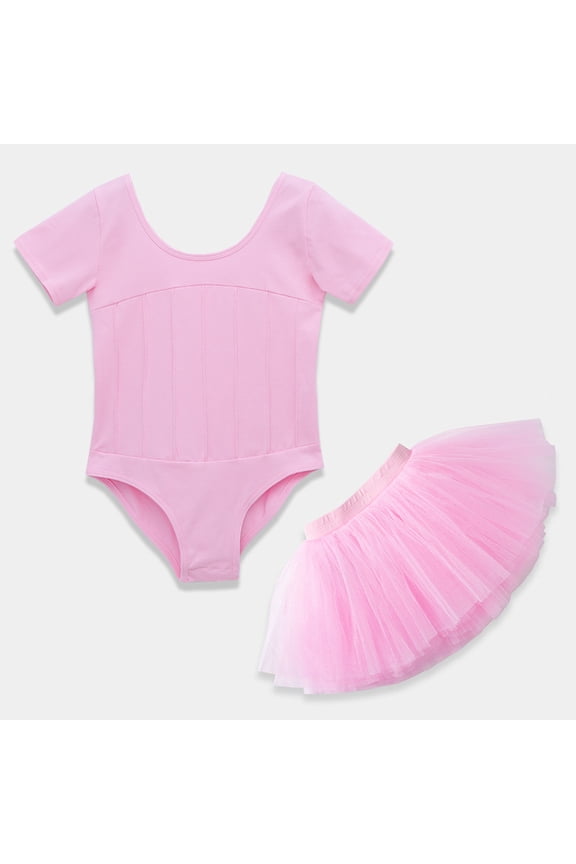 ‌LYMAYTER 3-11Y Toddler Girls 2PC Dance Set Short Sleeve Leotard Ballet Tutu Summer Dancewear Set