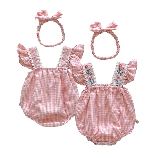 LYMAYTER 3-24M Infant Baby Girl Romper Checkerboard Embroidery Ruffle Strap Romper Jumpsuit