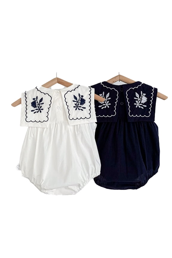 ‌3-24M Newborn Baby Girls Bubble Romper Summer Ruffle Sleeveless Embroidery Vintage Bodysuit‌