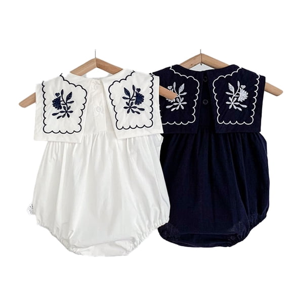 LYMAYTER 3-24M Newborn Baby Girls Bubble Romper Summer Ruffle Sleeveless Embroidery Vintage Bodysuit