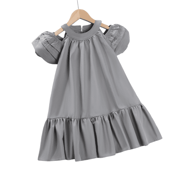 LYMAYTER 3-7Y Toddler Girls Casual Summer Dress Kids Puff Sleeve Halter Neck Off Shoulder Ruffle Party Dress