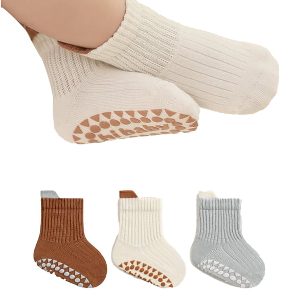LYMAYTER 3 Pack Baby Toddler Non-Slip Ankle Socks Cotton Grip Sole for Infants Kids Boys Girls Indoor Play